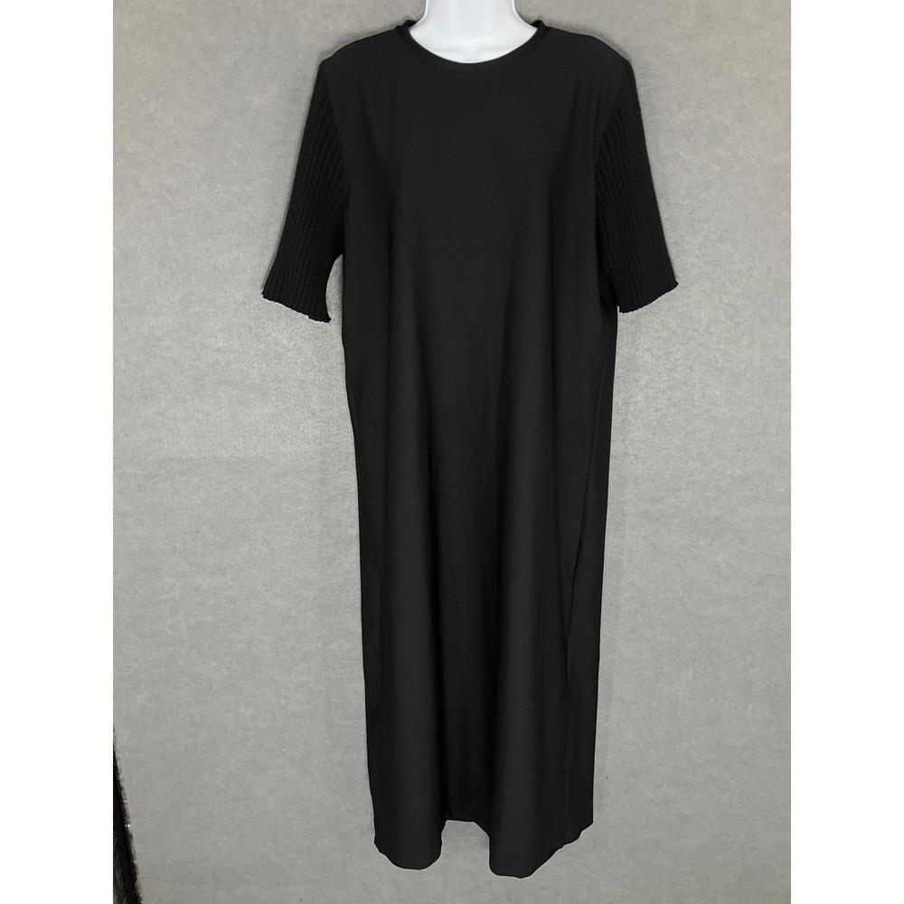 Zaba Black Midi Dress Ribbed Sleeve Casual Minimalist Womens Sz Large‎
